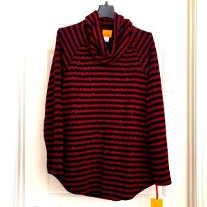 Ruby Rd. Top Size Large Red Black Stripes Turtle Neck Long Sleeves Sequins NWT